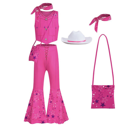 Halloween Hot Movie Margot Robbie Cosplay Baby Pink Plaid Sleeveless Slim Strap Dress Western Cowboy Outfit Full Set