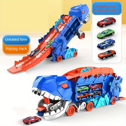 O caminhão de transporte dinossauro se dobra e desliza 63,5 cm sobre a pista, transformando quatro buggies de liga leve em tiranossauros em pé.