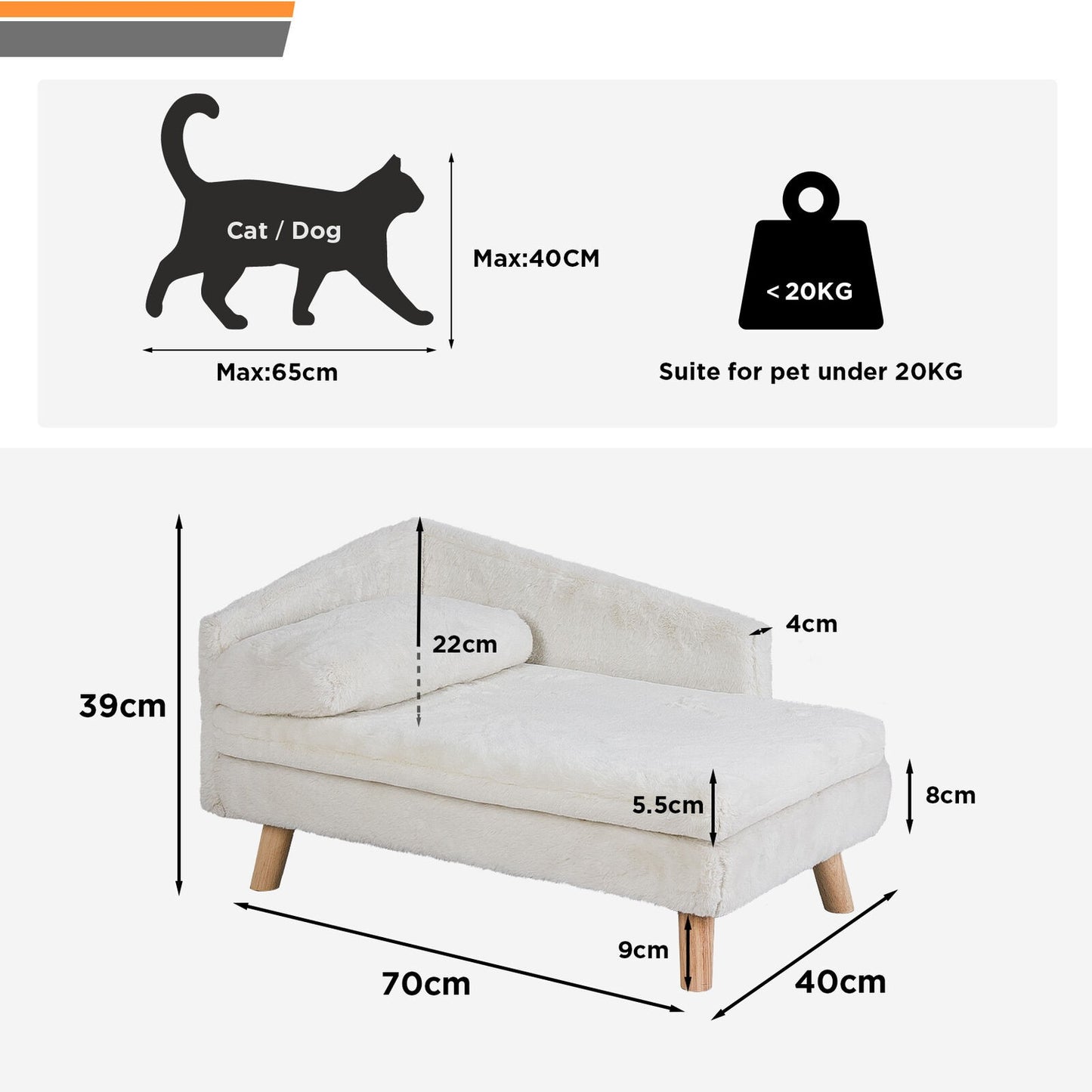 Cama Elevada para Pets Sofá de Cachorro Gato com Pernas de Madeira Sólida para Ambientes Internos Sofá em L de Pelúcia com Almofada Macia