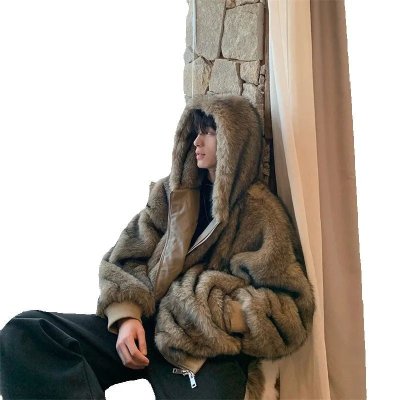 Pi Shuai Coat 2024 Winter Autumn/Winter New Men New Style Fox Imitation Fur Coat Leather Fashion Loose Thick Warm Coat Commuter