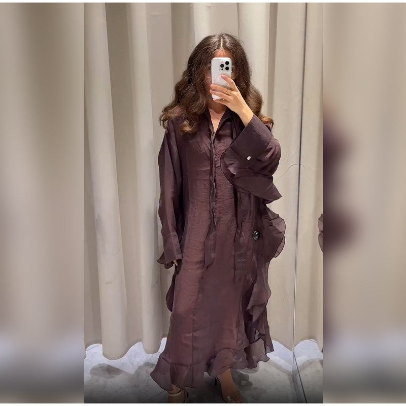 Summer Pleated A-line Midi Dress Women's Casual Lace Up Loose High Waist Solid R