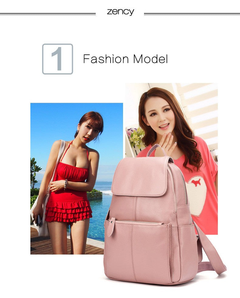 Zency Mochila Feminina Elegante Preta Branca Couro Genuíno Qualidade A++ Antifurto Grande Capacidade Mochila de Viagem Designer