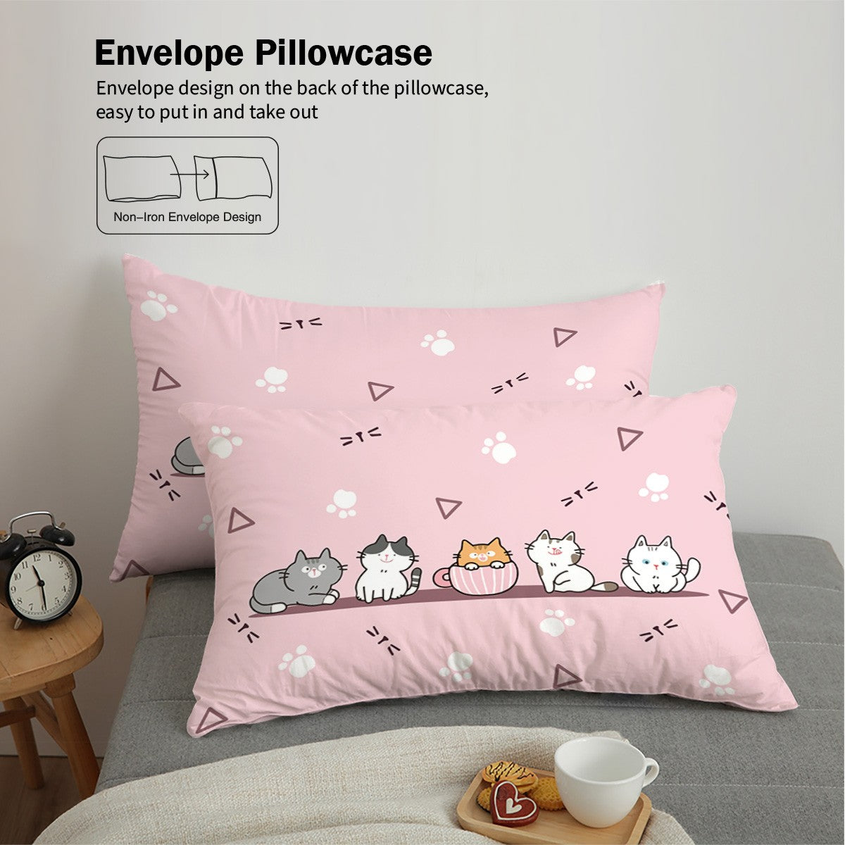 3pcs (1 duvet cover, 2 pillowcases, coreless), pink cute cartoon cat element printed bedding set, soft and comfortable