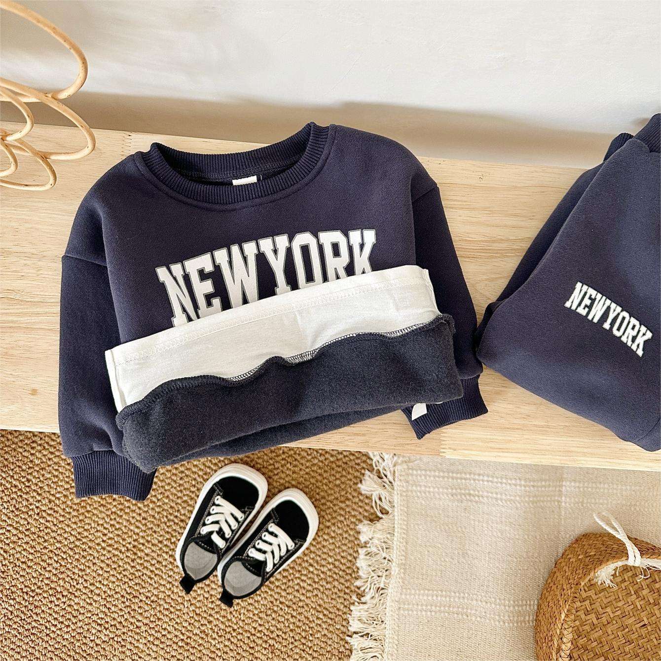 2 Peças Conjunto Roupa Bebê Meninos Meninas Estampa NewYork Top Esportivo Calça Terno Moletom Inverno Roupa Criança Recém-nascido Grosso