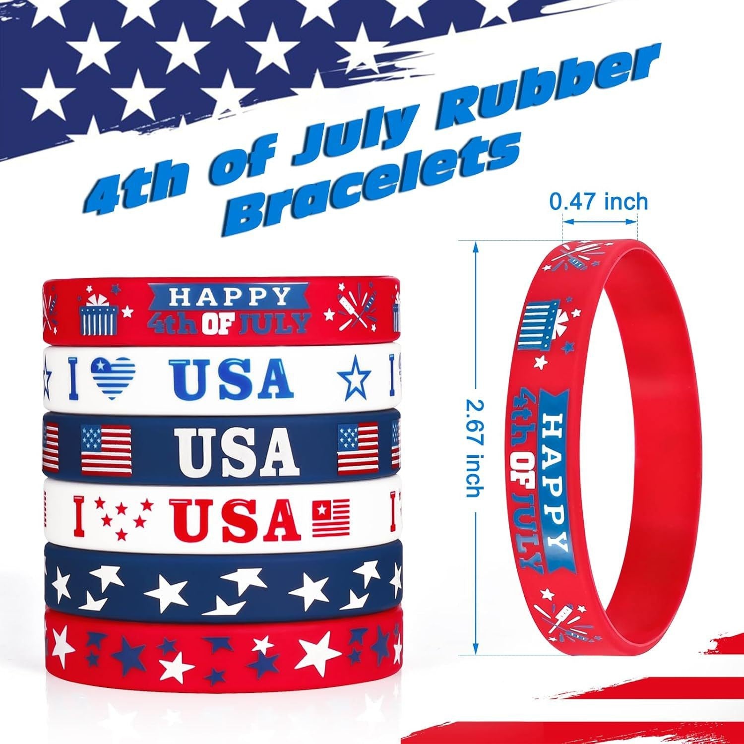 12Pcs Independence Day Theme Bracelet I Love USA Silicone Wristbands for 4th of July American National Day Birthday Party Favors