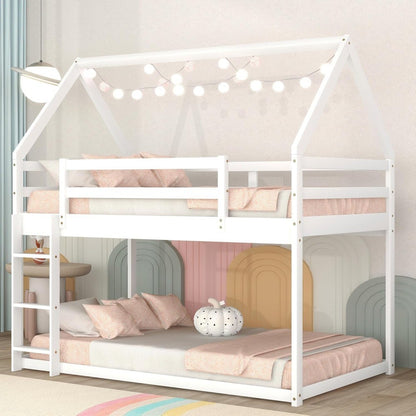 Bellemave Twin Over Twin House Bunk Bed for Kids,Floor Low Bunk Beds with Ladder and Guardrails,Solid Wood Twin Size Bunk Bed fo