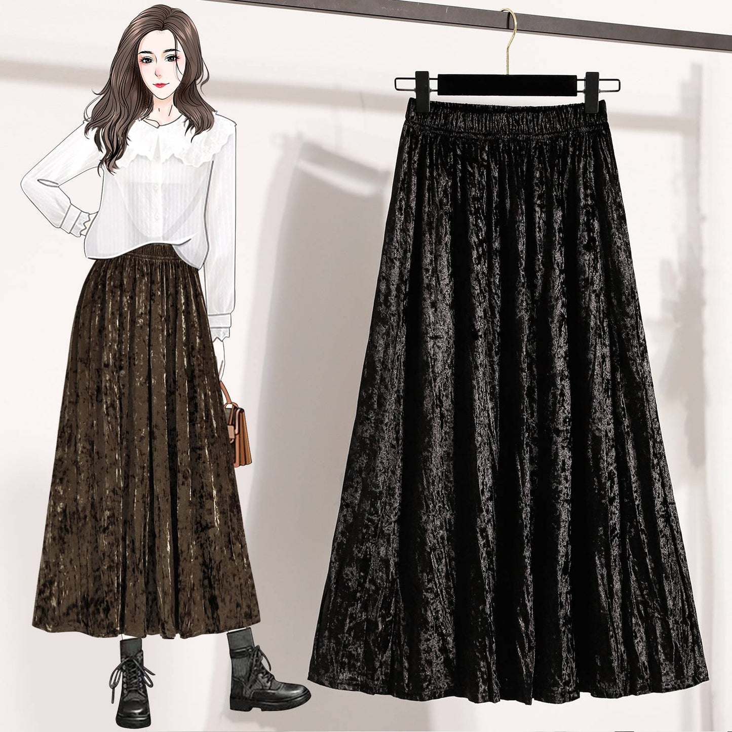Autumn Winter Girls New A-line Velvet Skirt 2025 Plus Size Gold Velvet Half Pleated Skirt Solid Versatile High Waist Mid Skirt