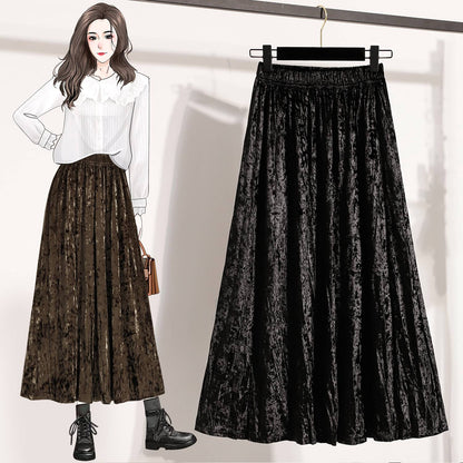 Autumn Winter Girls New A-line Velvet Skirt 2025 Plus Size Gold Velvet Half Pleated Skirt Solid Versatile High Waist Mid Skirt
