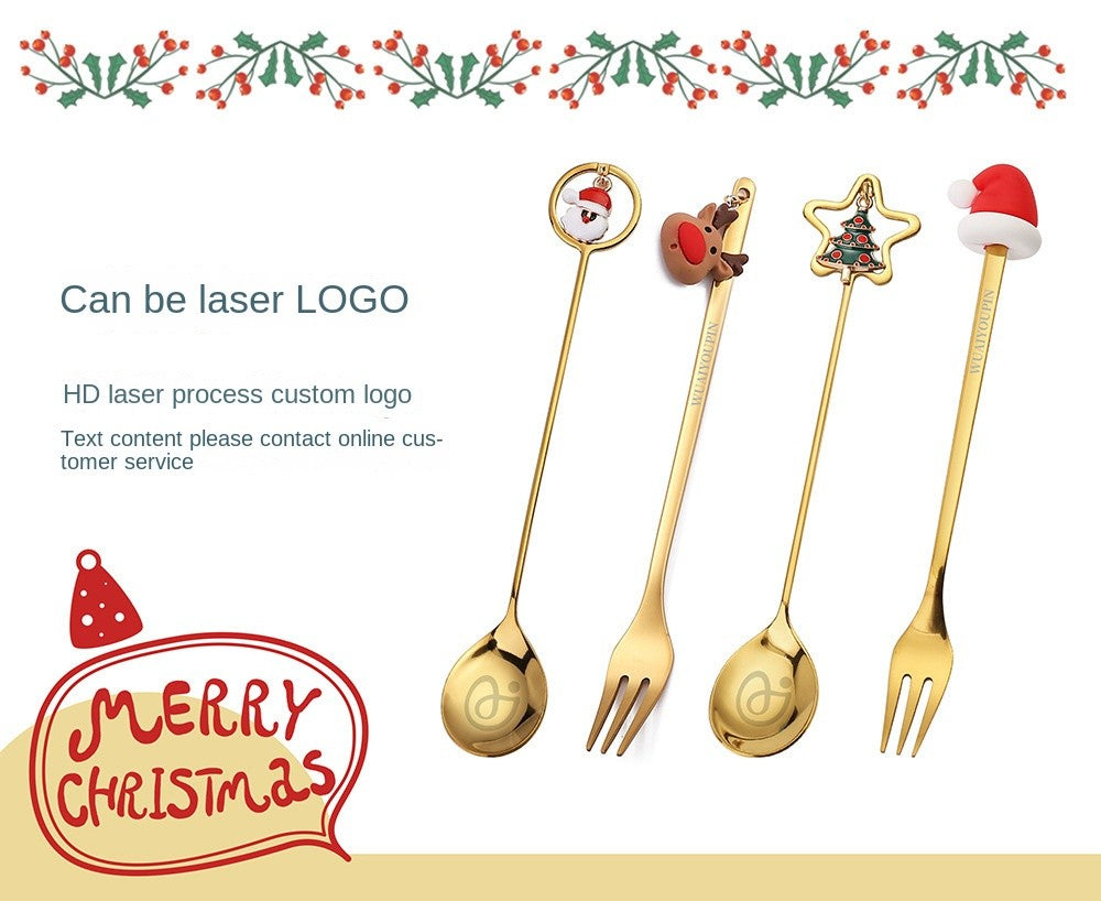 Warm Christmas Gift! Creative Santa Doll Dessert Spoon Fork 2-Piece Set Portable Tableware in Gift Box Sweet Surprise Friends