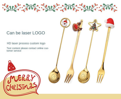 Warm Christmas Gift! Creative Santa Doll Dessert Spoon Fork 2-Piece Set Portable Tableware in Gift Box Sweet Surprise Friends