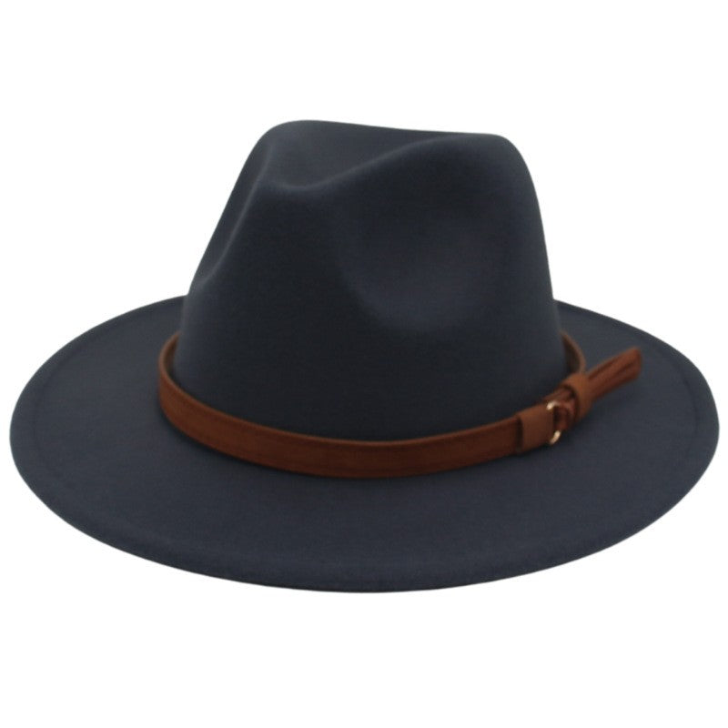 Classic Brown Belt Women Fedora Hats Autumn Winter Gentleman Jazz Felt Hat For Men Retro Church Lady Flat Wide Brim Dress Hat