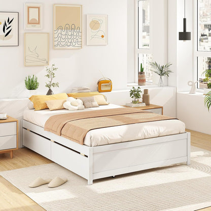Cama de Madeira Casal com 2 Gavetas de Armazenamento com Rodas, Estrutura de Cama Plataforma de Madeira, Base para Colchão com Estrado de Madeira