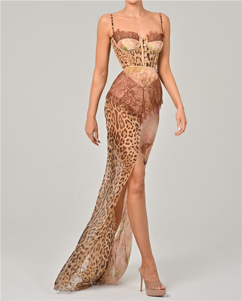 Mozision Leopard Print Lace Split Sexy Maxi Dress Women Gown Elegant Patchwork C