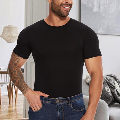 Men Short Sleeve Bodysuit Press Botton Crotch Shirt Pajamas Bodysuit Undershirts Leotard Top