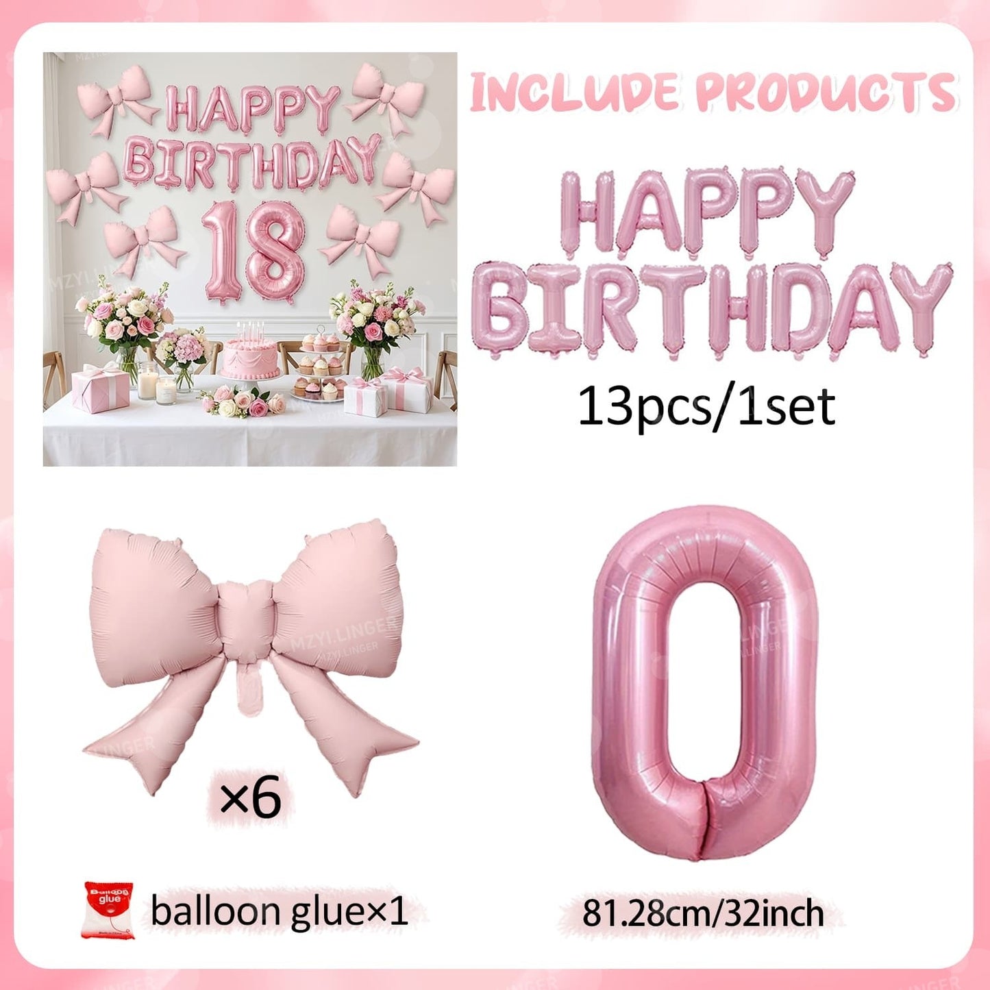 Pink Bow Birthday Balloon Happy Birthday Letter Balloon Used for Wedding, Valentine's Day, Birthday, Proposal Decoration Decor
