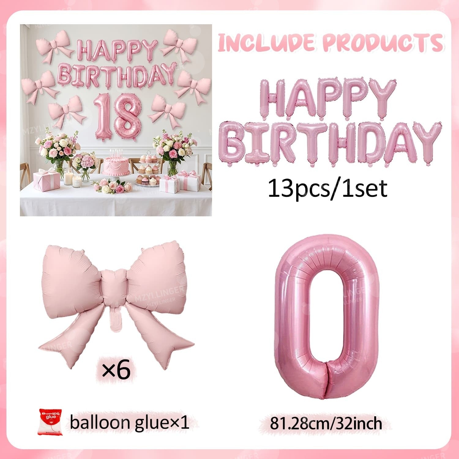 Pink Bow Birthday Balloon Happy Birthday Letter Balloon Used for Wedding, Valentine's Day, Birthday, Proposal Decoration Decor
