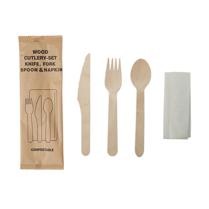 20pcs Disposable Wooden Cutlery Combo(Fork Knife Spoon Paper Napkin) Portable Party Camping Biodegradable Wooden Tableware Set