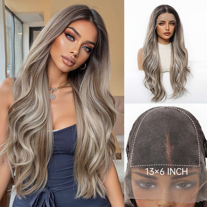 HENRY MARGU Peruca Sintética Lace Front 13x6 Peruca Longa Castanho Cinza Cabelo Ondulado Natural para Uso Diário Peruca de Fibra de Alta Temperatura