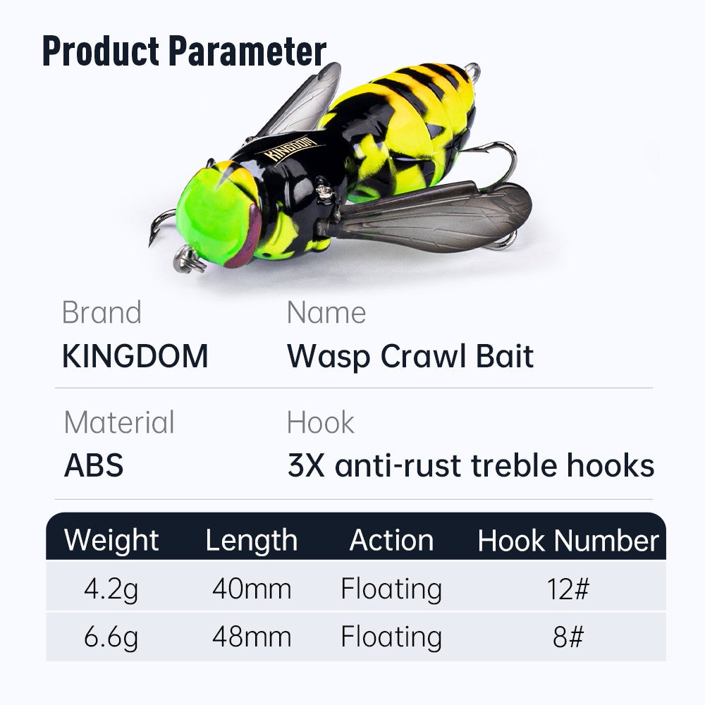 Kingdom Wasp Crawl Bait 4.2g 40mm 6.6g 48mm Iscas flutuantes biônicas de inseto artificiais de superfície para pesca de robalo, carpa e lúcio
