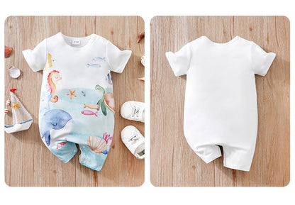 Newborn Clothing Cute Cartoon Marine Animal Print Comfortable And Soft 0-18 Boys And Girls Summer Short Sleeved Baby Jumpsuit