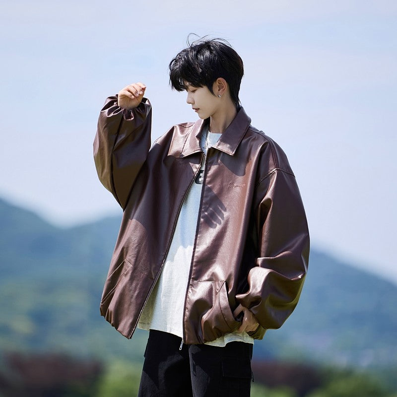 Trend Men's Faux Leather Jacket Autumn Winter Fashionable Solid Color Standing collar PU Leather Biker Jacket Handsome Men Coat