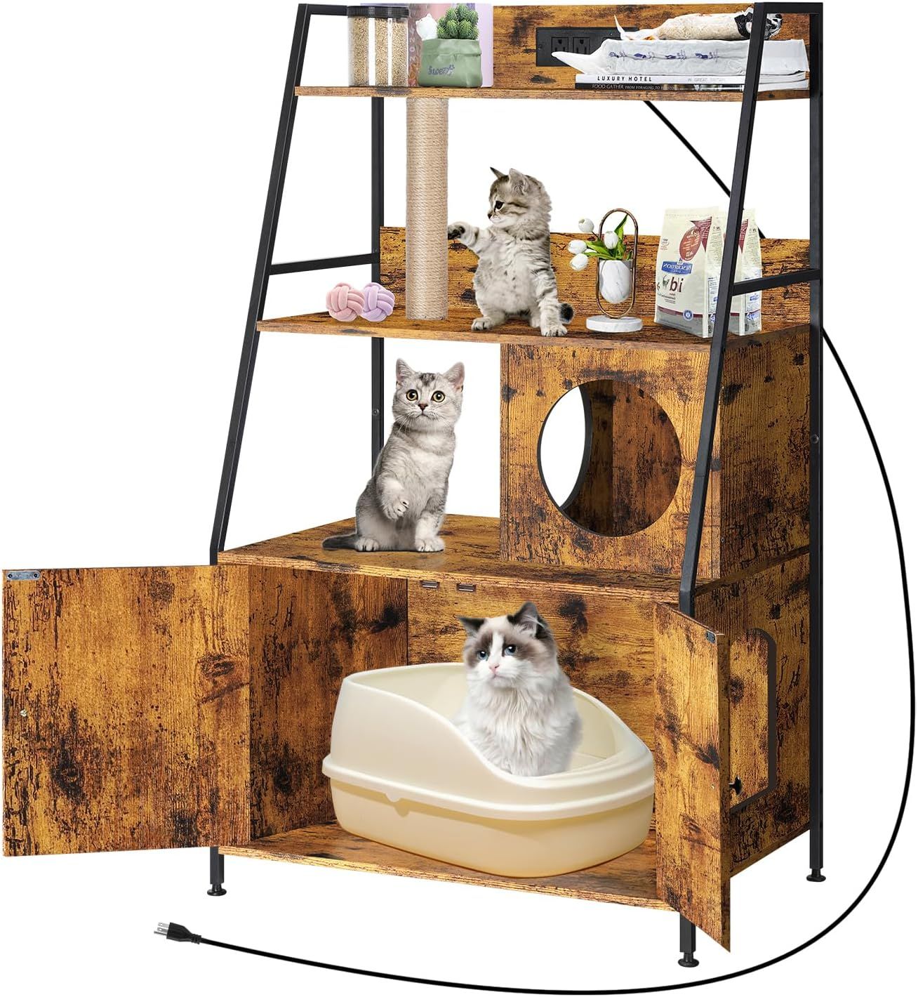 Caixa de Areia para Gatos Escondida com 2 Prateleiras de Armazenamento Móvel Escondido com Estação de Carregamento, Banheiro de Gatos com Torre para Gatos