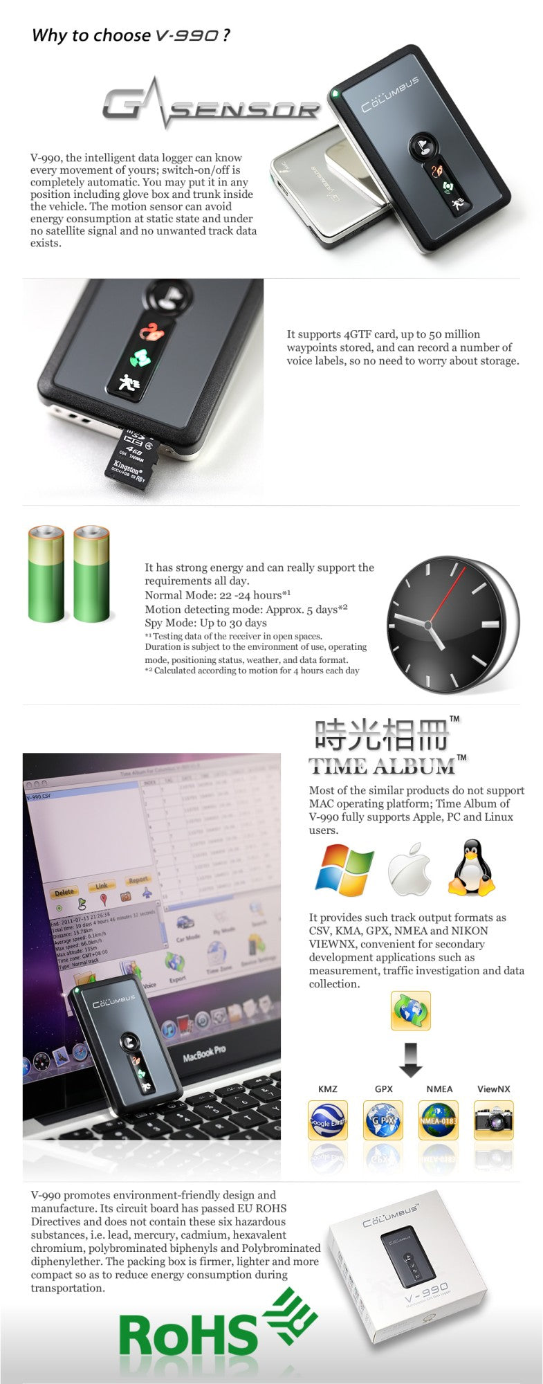 Columbus V-990 GPS Data Logger (66 channels; 50 Million Waypoints; Voice Tag)(4G TF card support) Voice POI MTK chipset