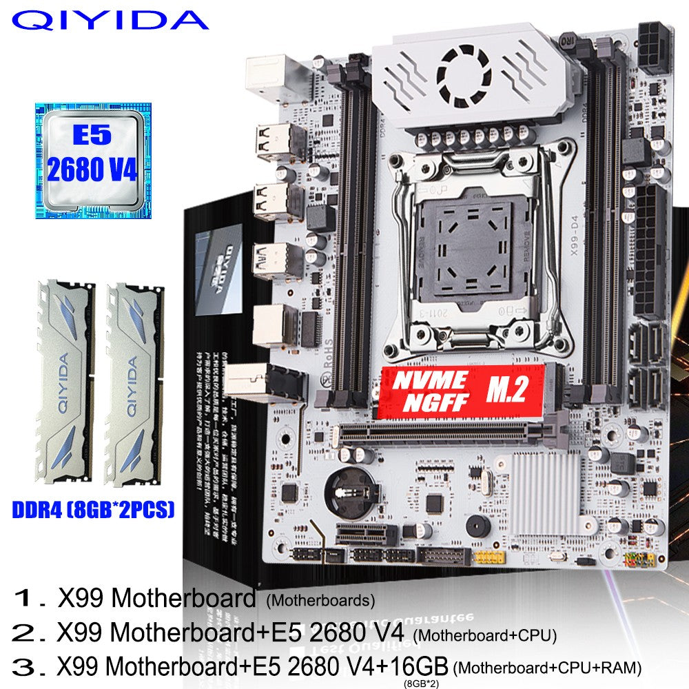 QIYIDA X99 Motherboard set LGA 2011-3 Xeon E5 2680 V4 CPU DDR4 8GBx2PCS=16GB NVME NGFF M.2 SATA3.0 USB3.0 X99 C612chip