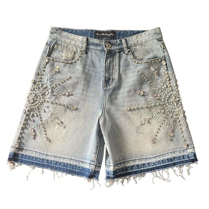 Retro Gothic Y2k Sweatpants Oversized Iron Diamond Pattern Denim Shorts for Men Hip Hop Punk Low Waist Gym Shorts Streetwear