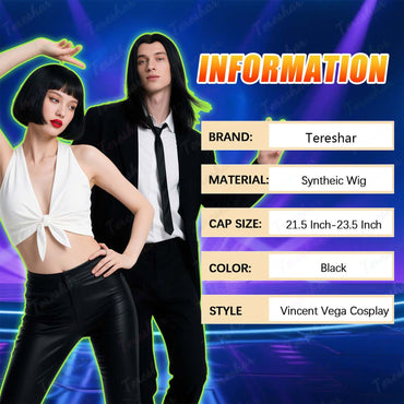 Synthetic Mens Wig Short Straight Black Wig 70s Vintage Vincent Vega Cosplay Wig 80s Halloween Costume Cosplay Party Fun Wig