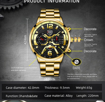 5PCS Set DEYROS Fashion Mens Calendar Watches Men Business Stainless Steel Quartz Wristwatch Male Casual Necklace Bracelet Watch