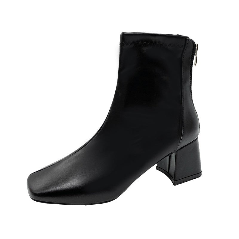 Casual Women's Thick Heel Medium Heel Boots Women's 2025 New Winter Square Toe Back Zipper Heightening Short Boots