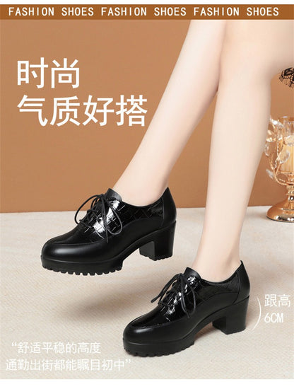 Deep Mouth Soft Leather Shoes Women Oxfords Platform Pumps High Heels Shoes Black Lace up Office Work Pumps Shoes Comfortable