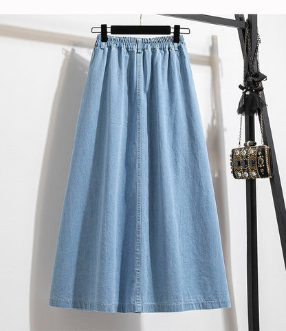 Plus Size Denim Skirt Women Summer 2025 New Korean Style High Waist A Line Pleated Long Jean Skirt Casual Women Maxi Skirt