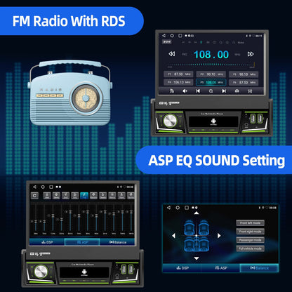 ESSGOO 1 DIN 7 Polegadas Flip Out Tela Touchscreen 4+64G Android 14 Rádio Estéreo Automotivo Apple Carplay GPS Navi Wifi FM RDS Bluetooth USB EQ