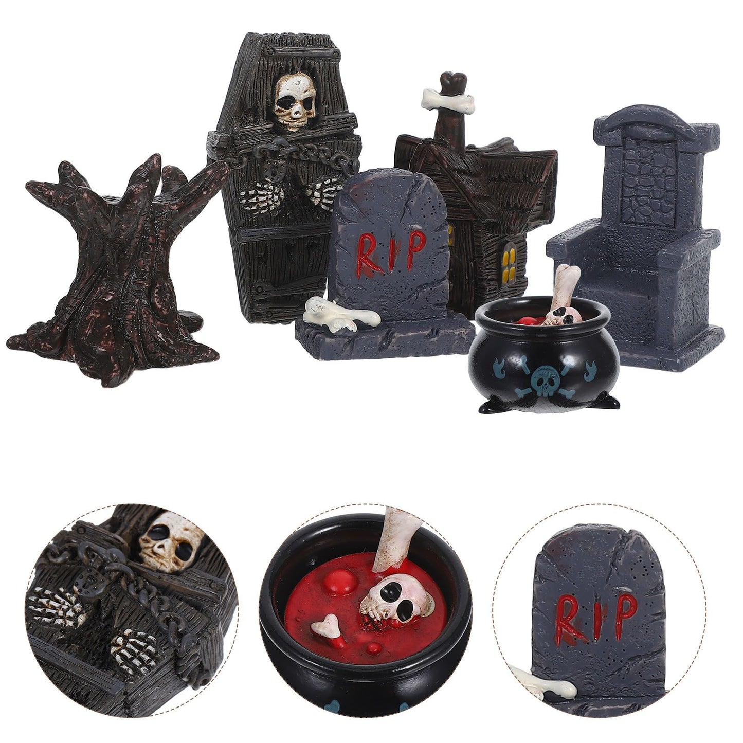 12pcs Mini Resin Figures Spooky Graveyard Decorations Miniature Tombstones Coffin Props For Indoor Outdoor Halloween Party