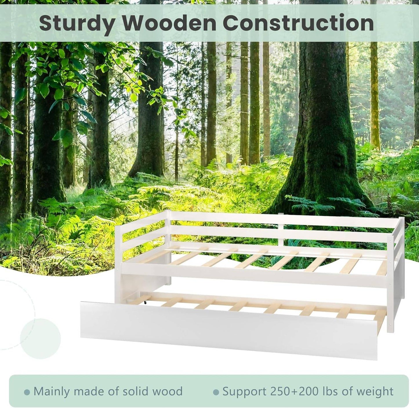 Twin Daybed with Trundle White, Wood Trundle Bed with Wood Slat Support, Mid Century Day Bed Frame for Living Room Guest
