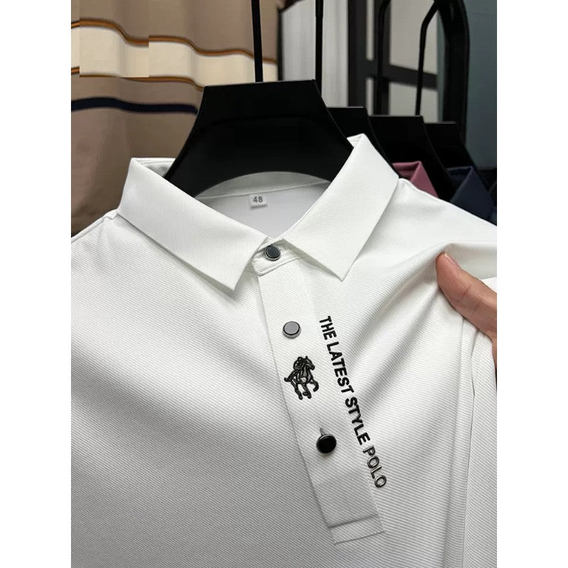 High End Brand New Summer Solid Color Silk Cotton High-quality Short Sleeved Polo Men's Fashionable Business Seamless Casual Top