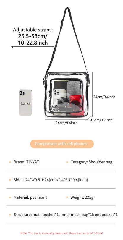 TINYAT Clear Men's Crossbody Bag PVC Double Pocket Travel Bag Adjustable Shoulder Straps Single Shoulder Bag for Daily Commuting
