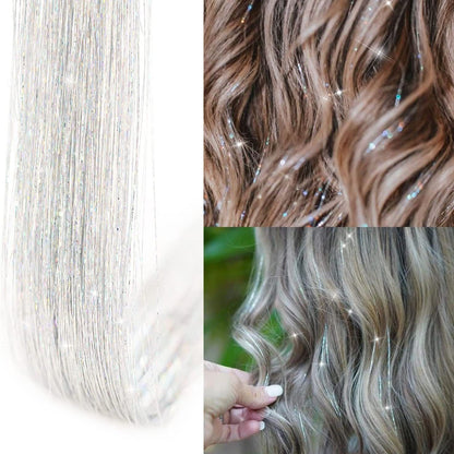 Apliques de cabelo coloridos de seda brilhante sem costura, grampo com glitter dourado de seda, faixas de cor de fio de laser deslumbrante, perucas sintéticas