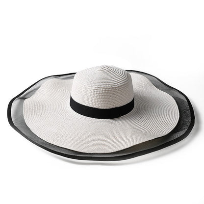 Chapéu de Sol Feminino, Aba Grande, Ondas, Boné de Praia, Chapéu Feminino, Viseiras de Sol de Aba Grande, Boné Panamá com Proteção UV, Chapéu Dobrável de Palha, Protetor Solar Vintage