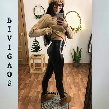 BIVIGAOS Fashion Women PU Leather Pants Elastic High Waist Winter Leggings Slim Velvet Leather Leggings Skinny Fleece Trousers