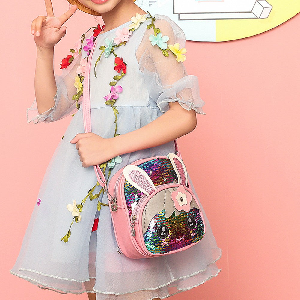 Mochila de Coelho com Lantejoulas para Meninas, Pré-escola, Ensino Fundamental, Formato de Coelho para Crianças, Material Escolar com Orelhas