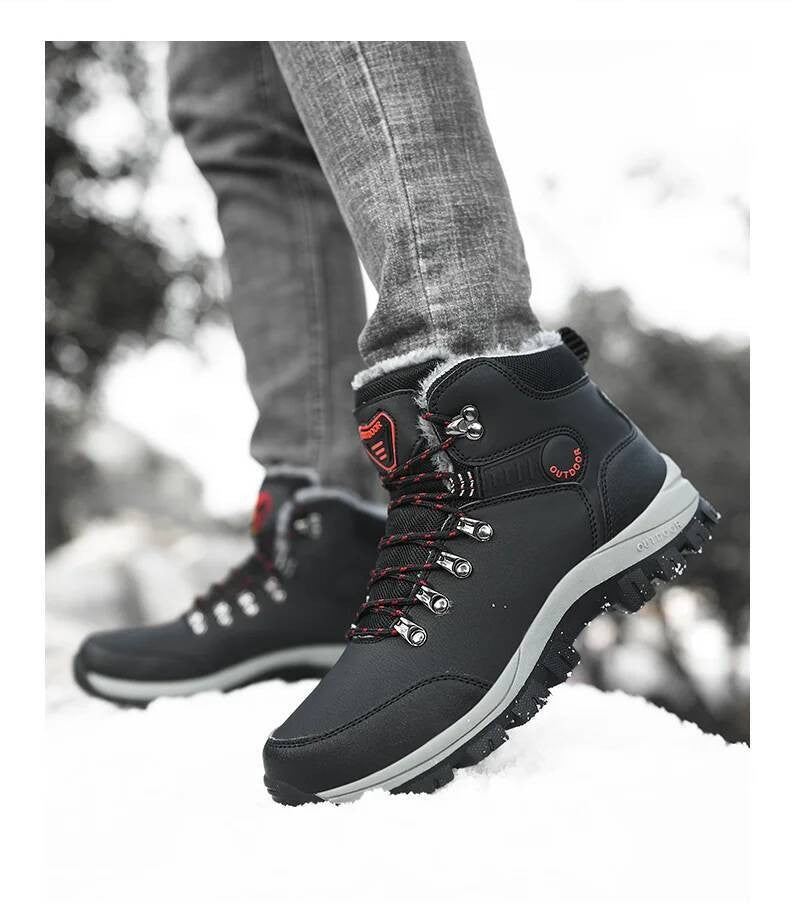 Botas de inverno masculinas com pele quente, antiderrapantes, sapatos casuais de trabalho masculinos, tênis de couro impermeáveis, botas de cano alto, tamanhos grandes