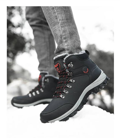 Botas de inverno masculinas com pele quente, antiderrapantes, sapatos casuais de trabalho masculinos, tênis de couro impermeáveis, botas de cano alto, tamanhos grandes