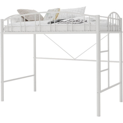 Cama Alta de Metal Resistente Tamanho Solteiro com Escada e Guarda-Corpo Arqueado, Suporte de Estrados de Aço Resistente, Design que Economiza Espaço – Branco