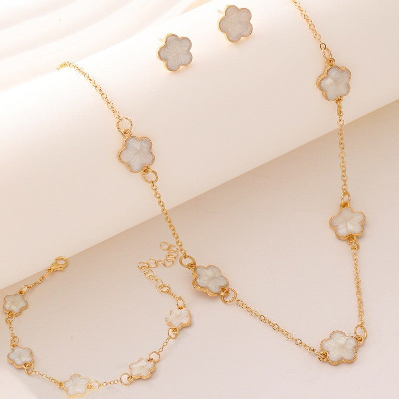 3pçs/conjunto Colar, Pulseira e Brincos de Flor de Cinco Pétalas da Sorte para Mulheres Elegante Trevo Moda Festa Joias Presentes Acessórios