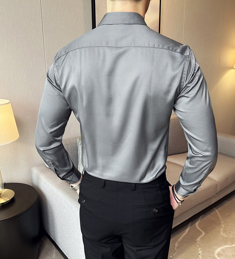 Seamless silk business casual shirt, long sleeved white non ironing elastic silk sliding cross shirt, men's formal wear