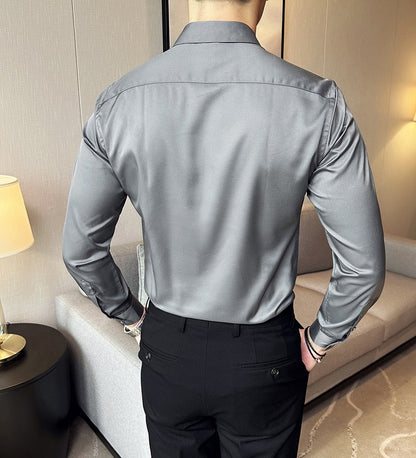 Seamless silk business casual shirt, long sleeved white non ironing elastic silk sliding cross shirt, men's formal wear