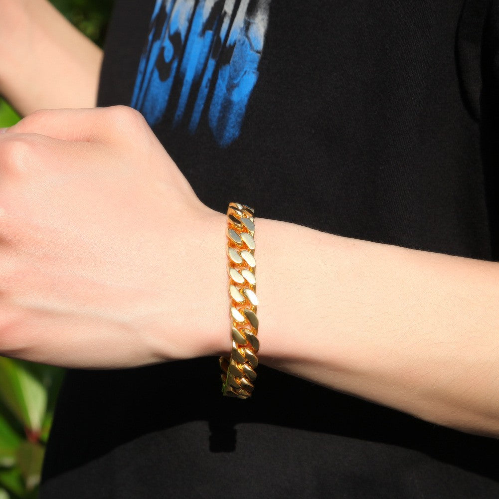 Pulseira Acessório Masculina de Aço Inoxidável 316 Banhada a Ouro 18k, Corrente Cubana Criptografada de 8, 10, 12mm, Estilo Miami Rap Hip Hop